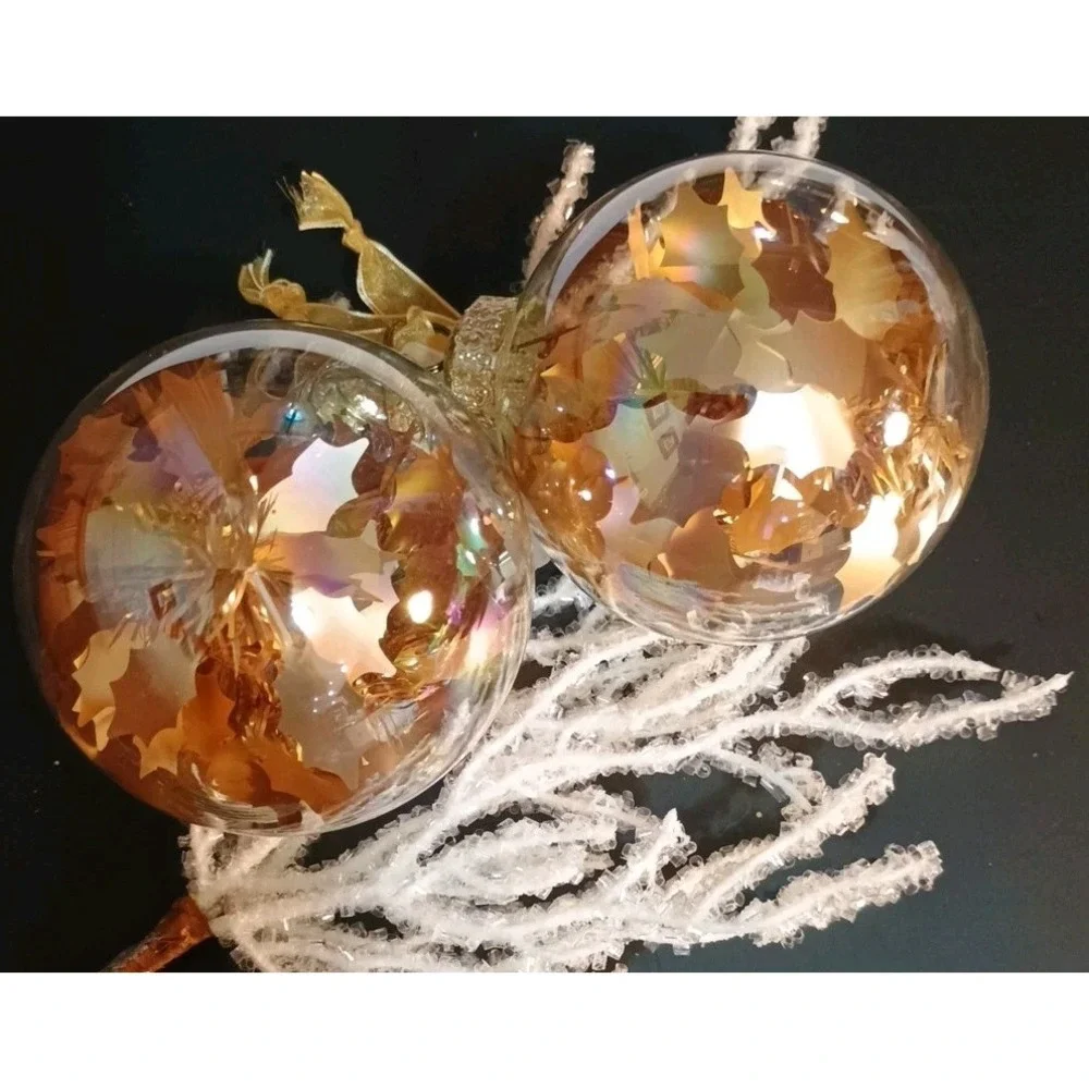 Pair Of Frontgate Clear Glass‎ Gold Round Christmas Ornaments 4.5